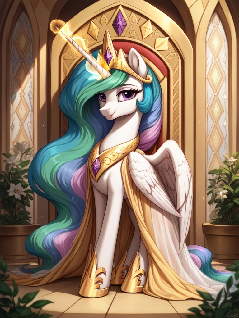 score_9, score_8_up, score_7_up, source_pony, 1girl, solo, mare, mature female, elements of harmony,
Princess Celestia, alicorn, horn, wings, white fur, magic, castle, royalty, golden throne room,
 happy, gentle smile, wearing gold see through dress