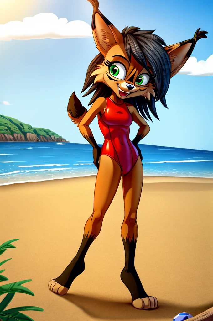 Lynx cartoon girl full length slim skinny in a red tight lycra swimsuit on the beach with a happy face black hair green eyes big feet