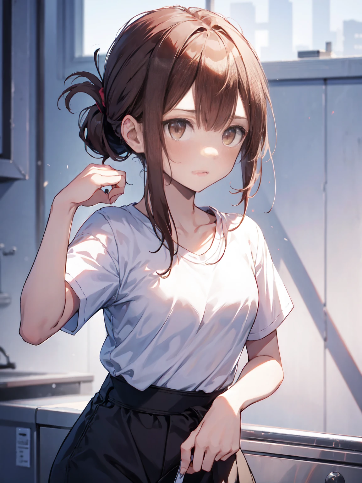 Highest quality,masterpiece,indoor,office,Highest quality, Very detailed, (masterpiece), (illustration),Are standing, (face focus),((upper body)),Red eyes, Shine目,Long twin tails, brown hair, bangs, Shine, eyebrows visible through hair,((Plain white T-shirt)),((Light blue plain skirt)), Flat Chest,shy, blush, (looking to the side ),Light blue sports bra,1boy,orgasm,clothed sex,