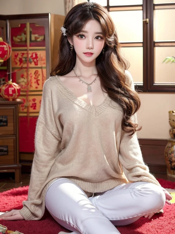 wavy hair wavy hair,（（（hair accessories）））,necklace,Wear a sexy sweater,,skinny jeans,The room is filled with Chinese New Year decorations（（（masterpiece）））, （（bestquality））,（（intricatedetails））,（（Surreal））（8k）,Misako