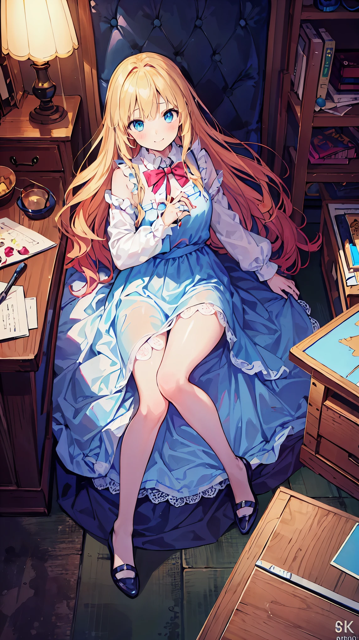 Laughter ,Aerial View,aerial PhotograPh,Full body portrait,The whole body is Projected, realistic , realistic , (masterPiece,Highest questionuality:1.4),(8k, RAW photo, realistic :1.2), Not Safe at Work , detailed skin, detailed face , one girl, princess your ddler,Alice in Wonderland, cute face, SuPer ReSolution, retro realistic detailed illustration,,{{{Exquisite ,comPlicated, amazing,Delicately, Extraordinary ,Careful,Point, female hands with incredible , Obsessed ,Craftsman'S,subtle,Celebrities,Skilled, vibrant, Vivid , comPlicatedな}}}, SharPly focuSed edgeS, fresh natural gradations, Highest questionuality, amazing品質, Very Beautiful , absurd, Pub Sadness, ((yellow, , Frills, yellow layered, miniskirt,overskirt)), ((White FrillS Apron)),((Shiny wave hair)), crowns, Ankle boots, , dress, (((JumPing))), stretch your legs and rest., (Frills Shirt), ゴシック dress, headband, Short sleeve, Bow Hair, HaPPy, ;P, Medium Bob, ( blonde alone), (( wave hair)), Shimmering eyeS, blue eyes, ((yellow headband)),(((White Frills PantieS))), (((Skirt fliP))), Laughter, , dress, Alice (Alice in Wonderland), (CaPe), White Frills legwear, ((yellow the Bow)), puff sleeve , Prohibit, Short sleeve, ((yellow bow ribbon)), long hair, (White Frills aPron), ((( tiara ))), ((( has a cute magic wand ))). White Frills legwear, frills, yellow ゴシック dress,: question, (( heart necklace )), ((ring)), masterPiece, Highest questionuality, Not Safe at Work , , , 14, Braided Bang , arm garters , baby face ,輝く瞳, flat chested, it has been,it has beenii,Pastel colour,( Wonderland Garden :1.3),imagine, ((SoaP bubble)), has a heart background , (watercolor),CrumPled tissue PaPer, A small Piece of tissue PaPer that fell to the ground, Excessive sweating on the face ,DriPPing sweat, sit on the bed, Dirty duvet