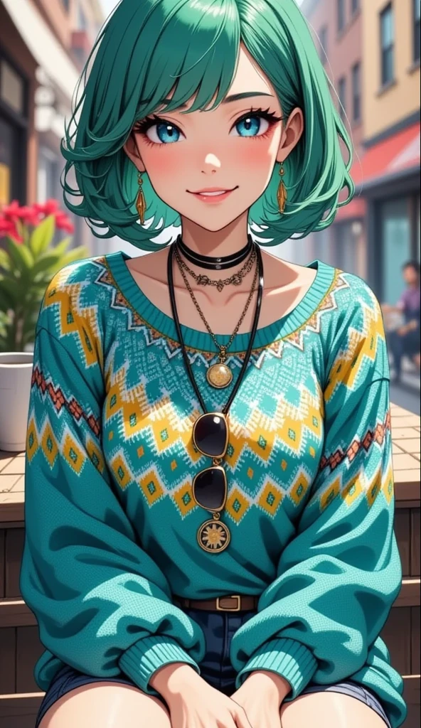 A young woman with vibrant green hair, centered in the image, is wearing a teal-colored sweater with intricate patterned designs.  She is smiling at the camera, with a neutral expression, and looking directly at the viewer.  Her hair is styled with a short bob and bangs, framing her face. The sweater has multiple layered necklaces, including sunglasses hanging around her neck. The woman’s posture is relaxed, with her hands resting together in front.  The lighting is even, casting no harsh shadows.  The colors are fairly bright and vibrant, particularly the teal of the sweater and the vibrant green of her hair. The style is casual and a touch bohemian. The image has a slightly vintage feel, enhanced by the slight desaturation and softness of the overall colors.
