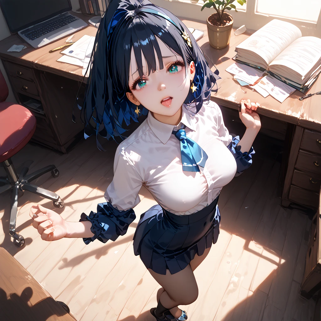 One girl,hoshimachi suisei,blue eyes,Blue Hair,choker,Hair between the eyes,Medium Hair,Side Ponytail,スターchoker,Small breasts,,Micro Mini Skirt,pantyhose,School,classroom,(Perfect hands),(Perfect Anatomy),(masterpiece),(highest quality)