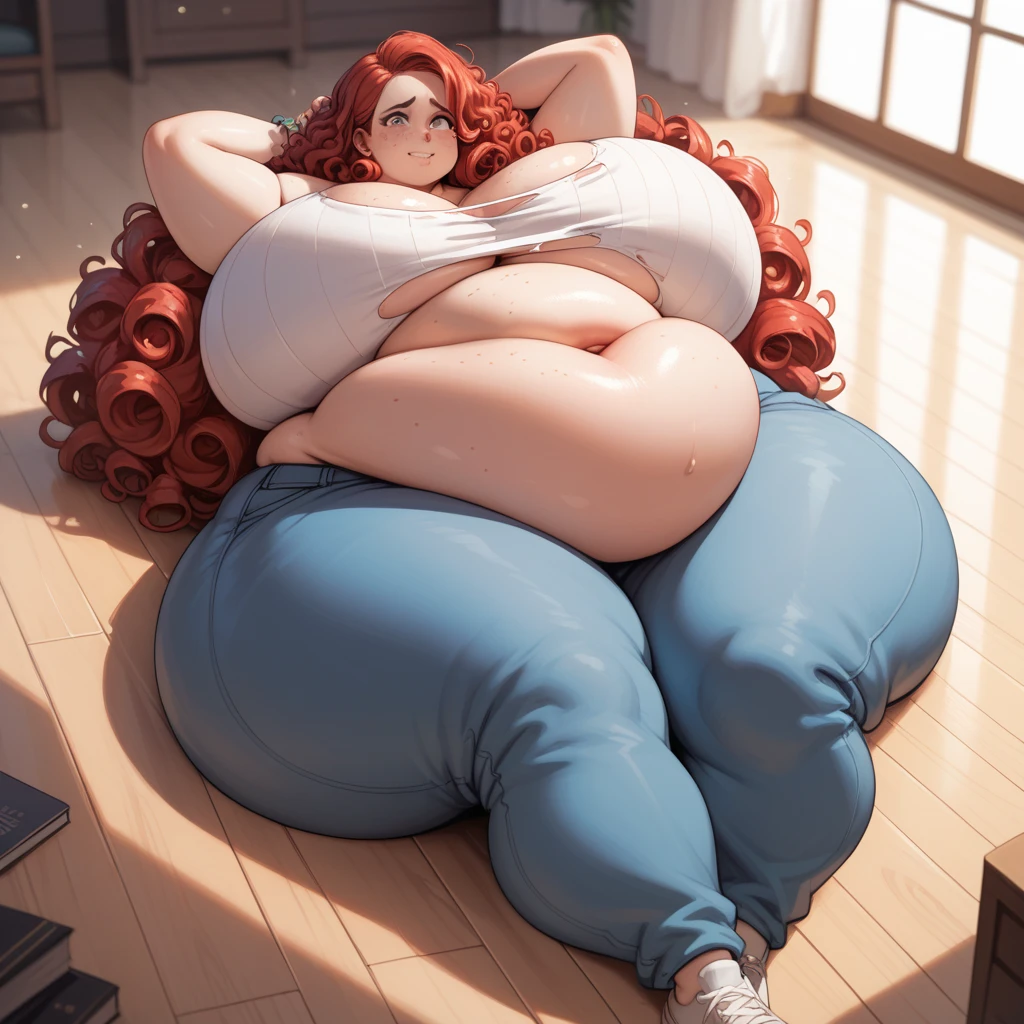 Short, morbidly obese, girl, large breasts, cute, freckled face and body, wide hips, large thighs, giant booty, comically large butt, curly hair, red hair, distressed, extremely large breasts, wide butt, torn short and pants, ballooning body, thick arms, wide stance, heavy body, laying on her back, laying on the floor, belly large, big belly, belly spilling over knees