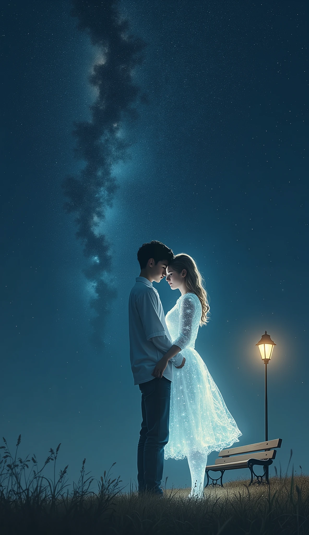 There is a man and woman standing together in a field - SeaArt AI