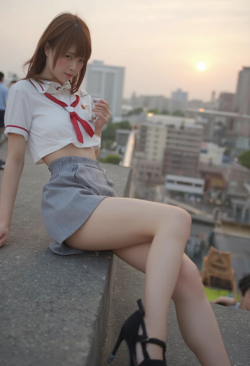 A young Asian woman with shoulder-length, auburn hair sits on the edge of a rooftop, her legs dangling over the side. She sports a sailor uniform with a collared blouse and a high-waisted miniskirt that showcases her zettai ryouiki. Her posture is relaxed, one hand holding a cup of coffee, the other resting on her thigh. The urban skyline stretches behind her, the sun setting in the distance, casting a warm glow over the scene. The photo captures her from the side, with a slight downward angle to emphasize her legs and the cityscape. A 'Vignette' filter is used to enhance the contrast and give her skin a delicate, porcelain finish.