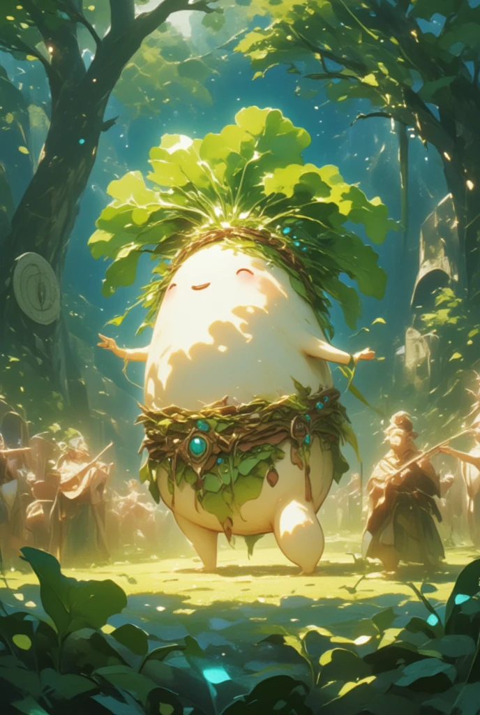 Design an image featuring a whimsical DAIKON character engaged in a Celtic-inspired festival, nestled in an enchanted forest reminiscent of the lush environments of Final Fantasy. The character, characterized by its daikon shape and earthy colors, is dressed in garb reminiscent of ancient Celt attire, with woven sashes and delicate ornamental gemstones. The forest is alive with bioluminescent flora, casting an ethereal glow throughout the dense foliage. Elven musicians play harps and flutes, their melodies blending with the sounds of nature. Massive stone circles and runes pulsate with mystical energy, and wisps drift gracefully through the trees, adding layers of enchantment to the atmosphere. The DAIKON character is shown participating in a lively circle dance under the moonlight, their leafy fronds crowned with a garland of forest flora. Capture the essence of an otherworldly celebration that bridges the magical and the mythical.