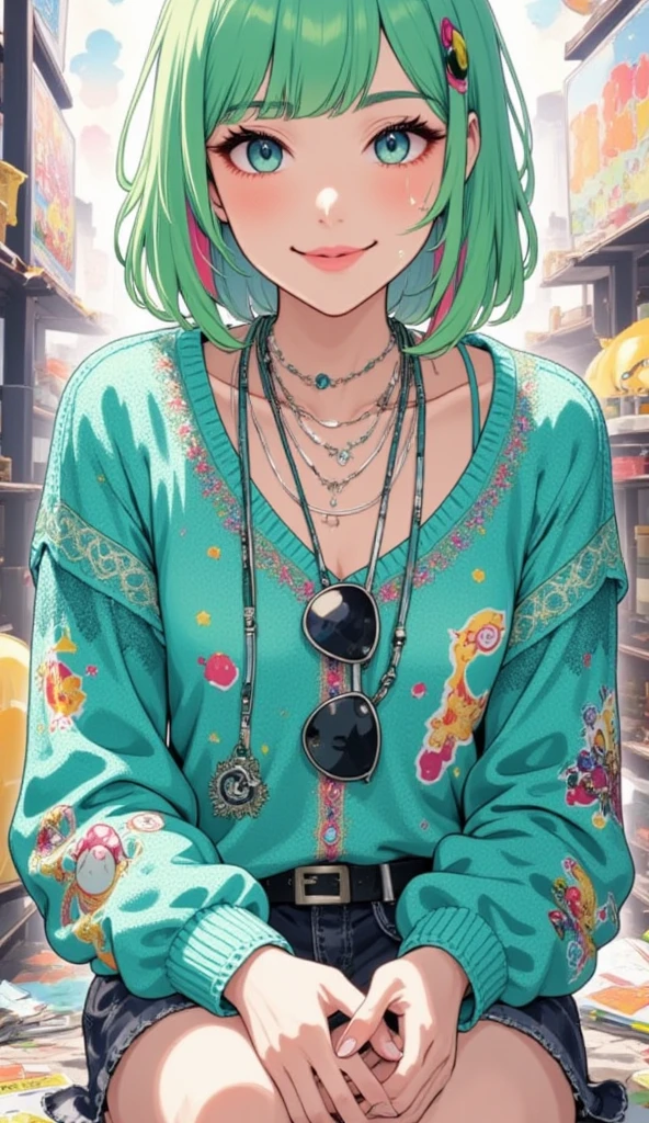 A young woman with vibrant green hair, centered in the image, is wearing a teal-colored sweater with intricate patterned designs.  She is smiling at the camera, with a neutral expression, and looking directly at the viewer.  Her hair is styled with a short bob and bangs, framing her face. The sweater has multiple layered necklaces, including sunglasses hanging around her neck. The woman’s posture is relaxed, with her hands resting together in front.  The lighting is even, casting no harsh shadows.  The colors are fairly bright and vibrant, particularly the teal of the sweater and the vibrant green of her hair. The style is casual and a touch bohemian. The image has a slightly vintage feel, enhanced by the slight desaturation and softness of the overall colors.
