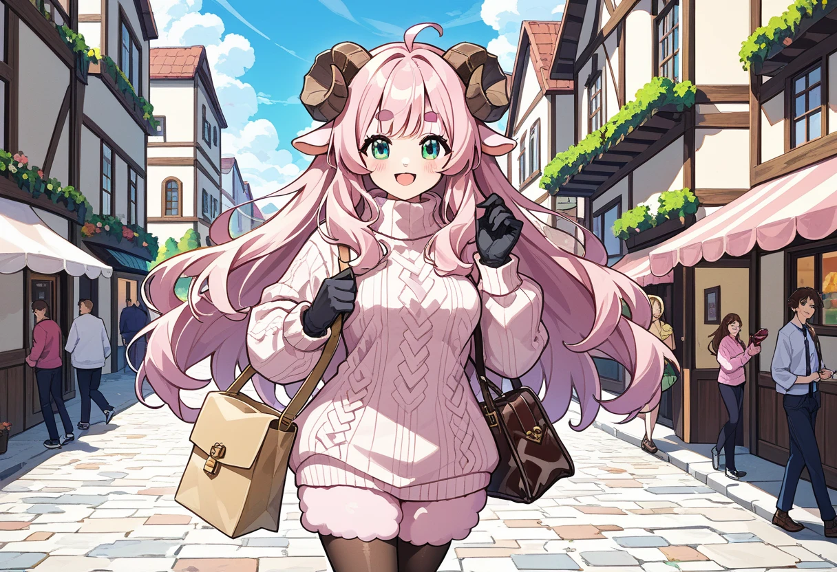 (UHD, best quality,  highres icon), 1girl,  long pink fluffy hair \ Fluffy Long Hair, Sheep&#39;s round horns, Thick eyebrows, smile, I'm looking up at Fluffy Wool Coat , pink vertical stripe sweater,  black tights , Big gloves, 編み上げブーツ BREAK Roasted sweet potatoが入った袋, Holding a bag , Roasted sweet potato, Roasted sweet potatoを食べている, 頬にRoasted sweet potatoのかけらが付いている, Winter Town ,  walking around town 