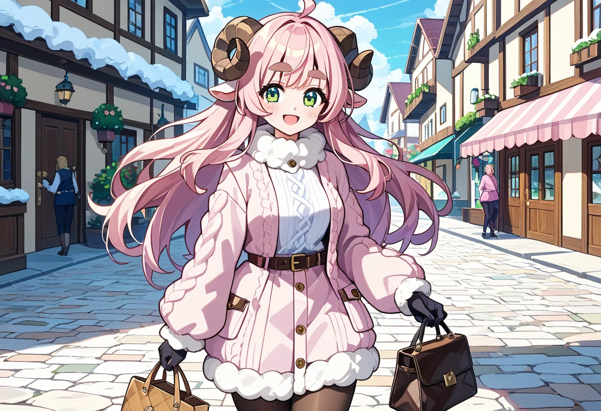 (UHD, best quality,  highres icon), 1girl,  long pink fluffy hair \ Fluffy Long Hair, Sheep&#39;s round horns, Thick eyebrows, smile, I'm looking up at Fluffy Wool Coat , pink vertical stripe sweater,  black tights , Big gloves, 編み上げブーツ BREAK Roasted sweet potatoが入った袋, Holding a bag , Roasted sweet potato, Roasted sweet potatoを食べている, 頬にRoasted sweet potatoのかけらが付いている, Winter Town ,  walking around town 