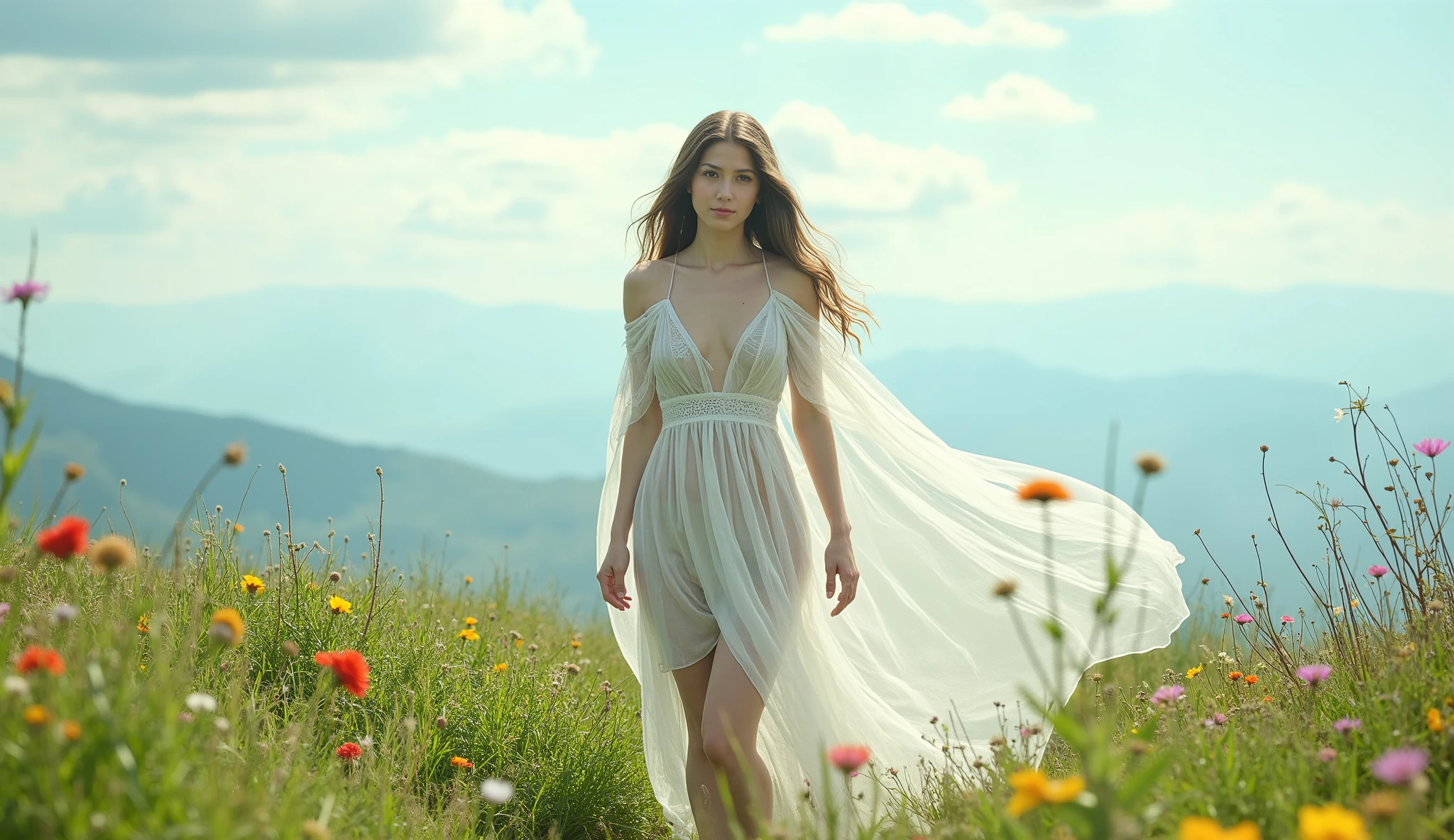 A beautiful young woman is on a flowered hill in a delicate white dress, her bare skin is visible through the thin fabric, she has her legs spread wide and her hands pressed against her crotch, she has a sexually excited look on her face, she is erotic