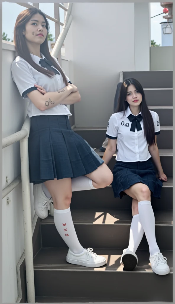 RAW Photo, Best quality, high resolution, (masterpiece: 1.3) (very sharp photo result & detailed face) (hyper realistic photo) 2 japanese girl with japan uniform & miniskirt, they have brown long japan hairstyle with bangs, they skirt are uplifting by their hands, romantic mood, dark dramatic shadow & light on the classroom, lighting sources comes from the window, backlight lighting treatment, UHD, 8K"