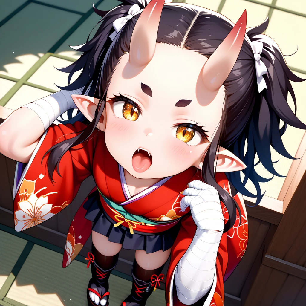 (((s,))) (((children,))) lolicon bod((Perfect body,))((Super beautiful,))((High quality,)), (sweaty,) (wet all over,) blush,saliva, steam,((A shrine maiden in white Japanese clothes, long black hair, Yellow eyes, hair ornaments,oni horn, on a futon, in a Japanese room at night,blunt bangs)),collar,pov, Looking at Viewer,half open eye,fellatio,blowjob, deep throat,Sticking out the mouth and cupping the cheeks,cum on the face and hair,Close-up of the face, focus on the face,mesugaki,