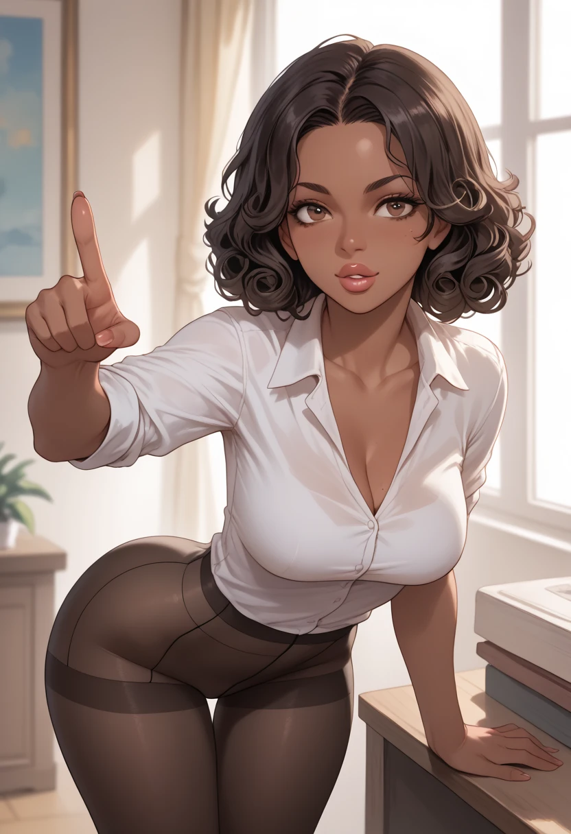 Almond-eyed Dark Mocha-skin tonned African-American woman with SHORT dark curly hair, juicy lips, and a large chest. She is bent over with her breast in the foreground, standing pointing her finger next to her. She is wearing pantyhose. perfect face.