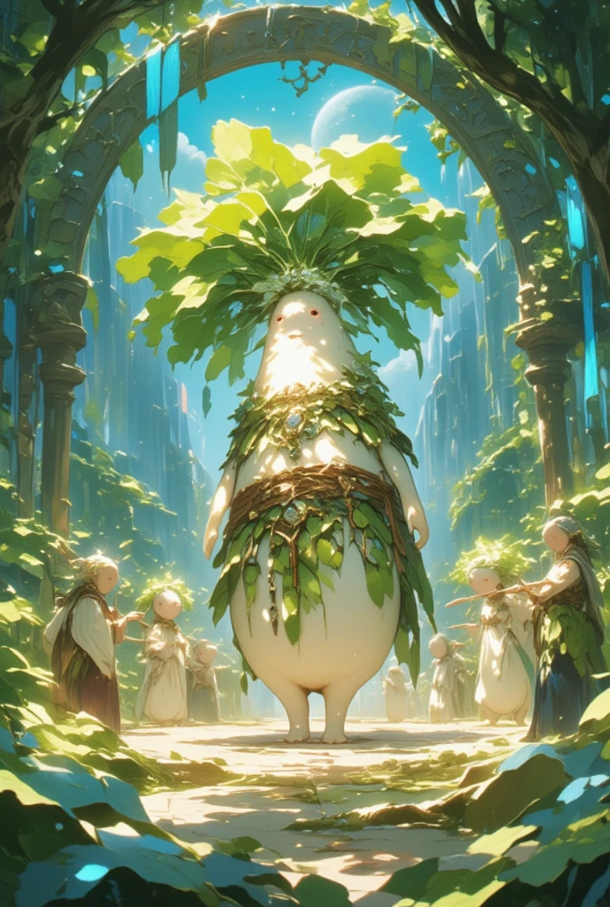 Design an image featuring a whimsical DAIKON character engaged in a Celtic-inspired festival, nestled in an enchanted forest reminiscent of the lush environments of Final Fantasy. The character, characterized by its daikon shape and earthy colors, is dressed in garb reminiscent of ancient Celt attire, with woven sashes and delicate ornamental gemstones. The forest is alive with bioluminescent flora, casting an ethereal glow throughout the dense foliage. Elven musicians play harps and flutes, their melodies blending with the sounds of nature. Massive stone circles and runes pulsate with mystical energy, and wisps drift gracefully through the trees, adding layers of enchantment to the atmosphere. The DAIKON character is shown participating in a lively circle dance under the moonlight, their leafy fronds crowned with a garland of forest flora. Capture the essence of an otherworldly celebration that bridges the magical and the mythical.