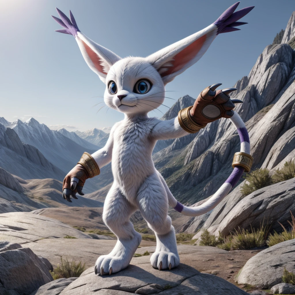 Full body, gatomon, solo, furry, gloves with claws, tail ring, very detailed fur, in the mountains, Highest quality, photorealistic, very detailed, very detailed background