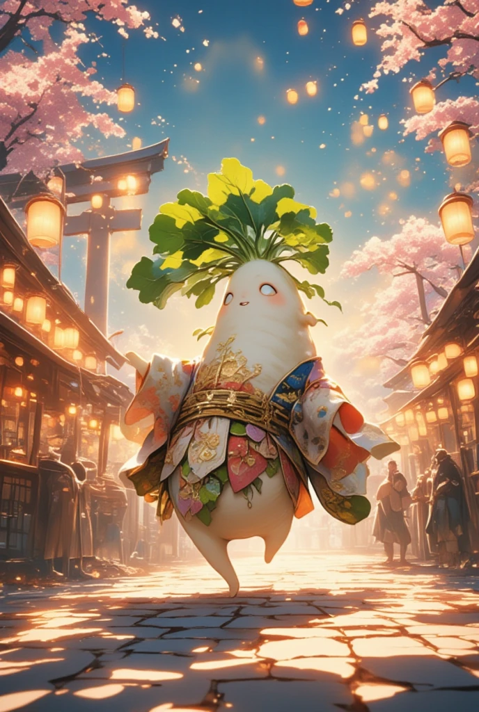 Create an image of a unique DAIKON character, designed with an anthropomorphic daikon radish appearance, adorned in exquisite traditional Japanese attire featuring intricate kimono patterns and delicate gold embroidery. The character stands in the midst of an enchanting festival scene set in a fantastical realm, reminiscent of Final Fantasy's rich world-building. The setting is bathed in the warm glow of thousands of lanterns floating in the night sky, casting a colorful array of reflections on the vibrant cobblestone streets. Traditional festival stalls line the streets, offering a myriad of delicacies and hand-crafted trinkets. In the background, massive torii gates and ancient cherry blossom trees tower majestically, their blossoms illuminated in ethereal pink hues. Add dynamic action to the scene by having fireworks erupt in the distance, lighting up the night with dazzling bursts of color. The DAIKON character, with eyes gleaming with excitement, is captured mid-dance in a traditional Japanese dance, their leafy greens swaying with elegant grace, perfectly embodying the spirit of celebration and whimsy typical of a Final Fantasy festival.