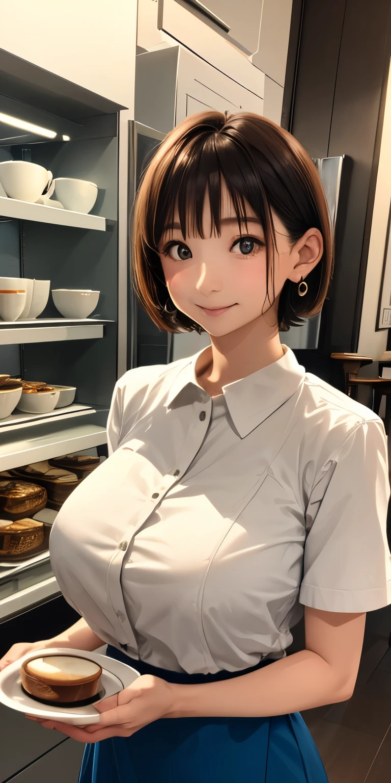 (((gigantic braests:1.2)))、((tight waist))、 (Open Cafe、Cafe staff)、Earrings、(Cafe uniform:1.5)、short hair、tray and coffee 、They hesitate,、Wet Hair,  Underarm,, (High color saturation:1.0),  (Very detailed肌), (Please redeem:1.0), (Ultra-high resolution:1.0) ,(Realistic:1.0), (Very detailed:1.0), (8k, RAW Photos:1.1)、Center of chest、Spread your legs、(Front View)、Brown Hair、slender、Serving customers