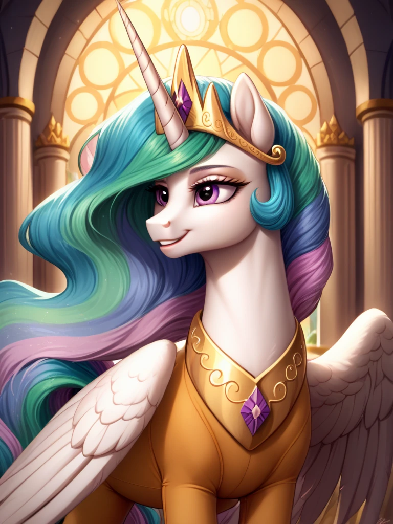 score_9, score_8_up, score_7_up, source_pony, 1girl, solo, mare, mature female, elements of harmony,
Princess Celestia, alicorn, horn, wings, white fur, magic, castle, royalty, golden bedroom,
 happy, gentle smile, wearing golden pantyhose and gold necklace