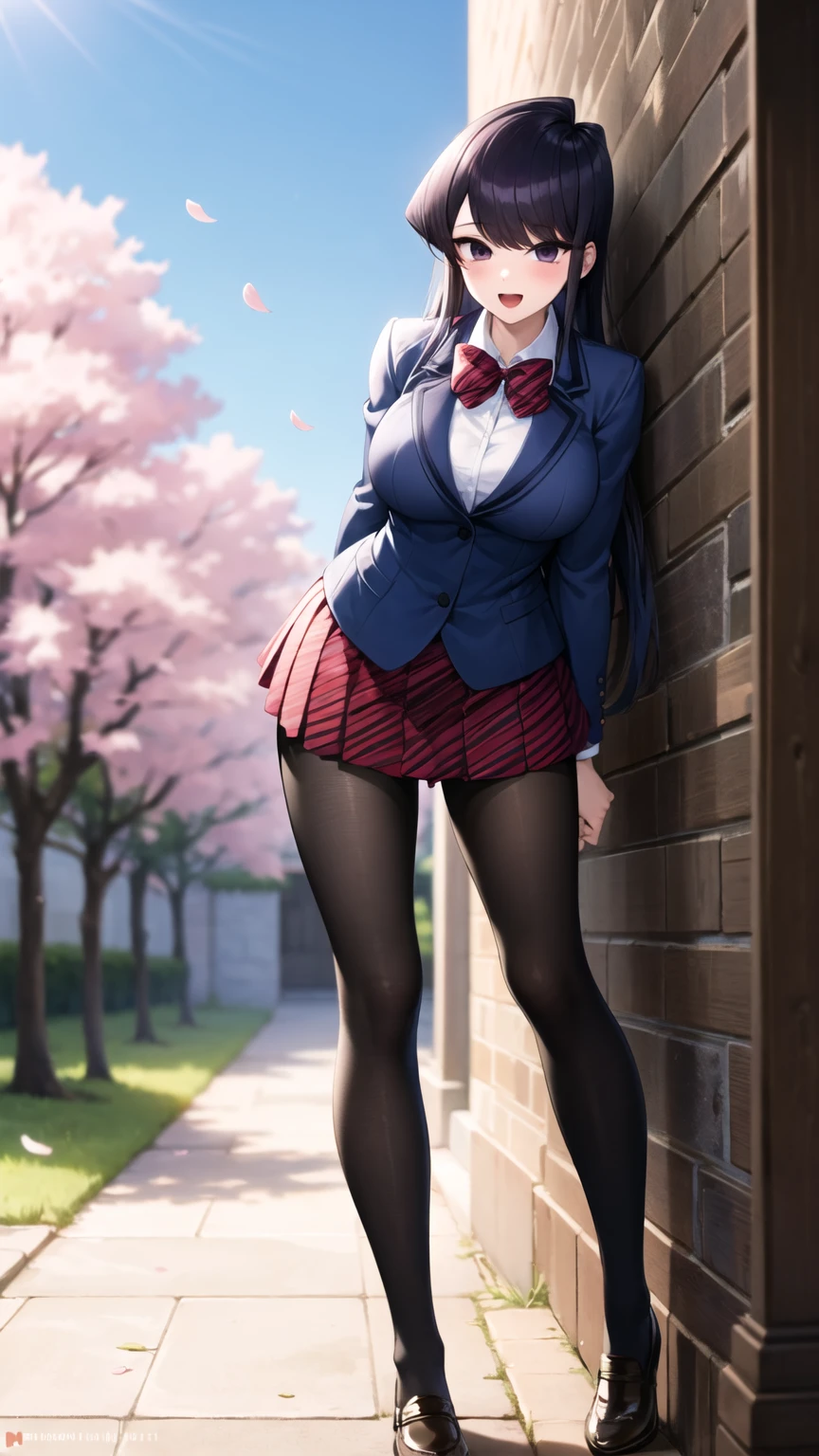 masterpiece, best quality, highres, aashouko, long hair, breasts, school uniform, striped bowtie, red bowtie, blazer, blue jacket, long sleeves, pleated skirt, striped skirt, red skirt, black pantyhose, arms behind back, leaning forward, standing, outdoors, smile, cherry blossoms, open mouth,