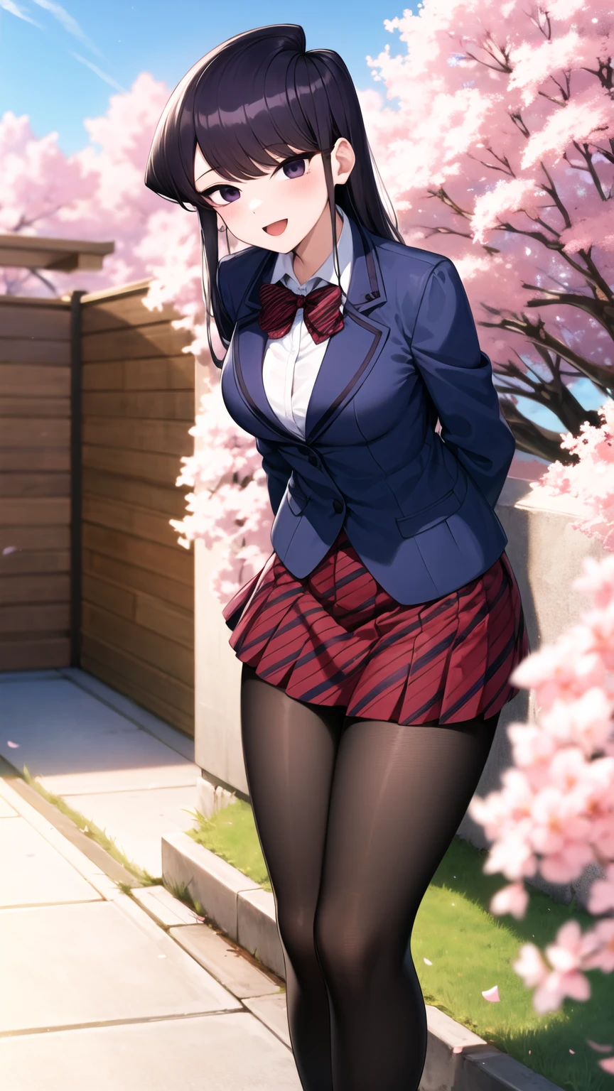 masterpiece, best quality, highres, aashouko, long hair, breasts, school uniform, striped bowtie, red bowtie, blazer, blue jacket, long sleeves, pleated skirt, striped skirt, red skirt, black pantyhose, arms behind back, leaning forward, standing, outdoors, smile, cherry blossoms, open mouth,