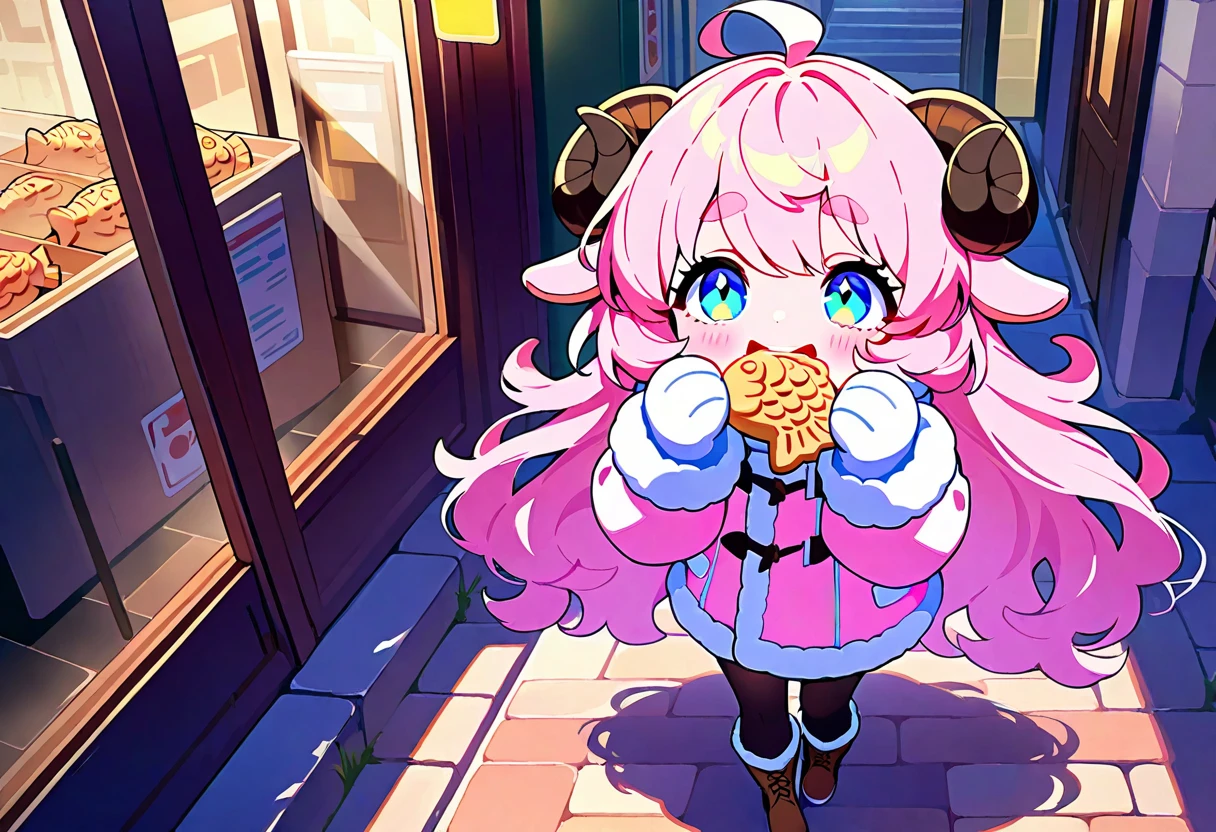 (UHD, best quality,  highres icon), 1girl,  long pink fluffy hair \ Fluffy Long Hair, Sheep&#39;s round horns, Thick eyebrows, smile, I'm looking up at Fluffy Wool Coat , pink vertical stripe sweater,  black tights , Big gloves, Lace-up boots BREAK taiyaki, Eat Taiyaki, Ahhh open my mouth , Winter Town ,  walking around town 
