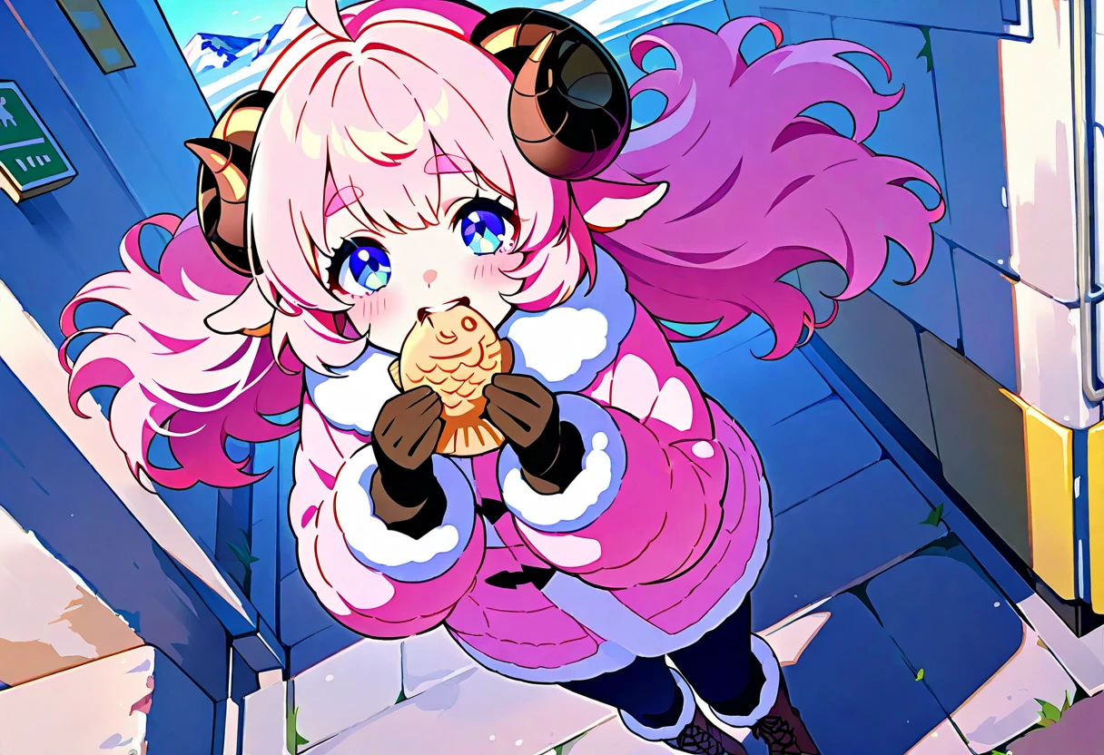 (UHD, best quality,  highres icon), 1girl,  long pink fluffy hair \ Fluffy Long Hair, Sheep&#39;s round horns, Thick eyebrows, smile, I'm looking up at Fluffy Wool Coat , pink vertical stripe sweater,  black tights , Big gloves, Lace-up boots BREAK taiyaki, Eat Taiyaki, Ahhh open my mouth , Winter Town ,  walking around town 
