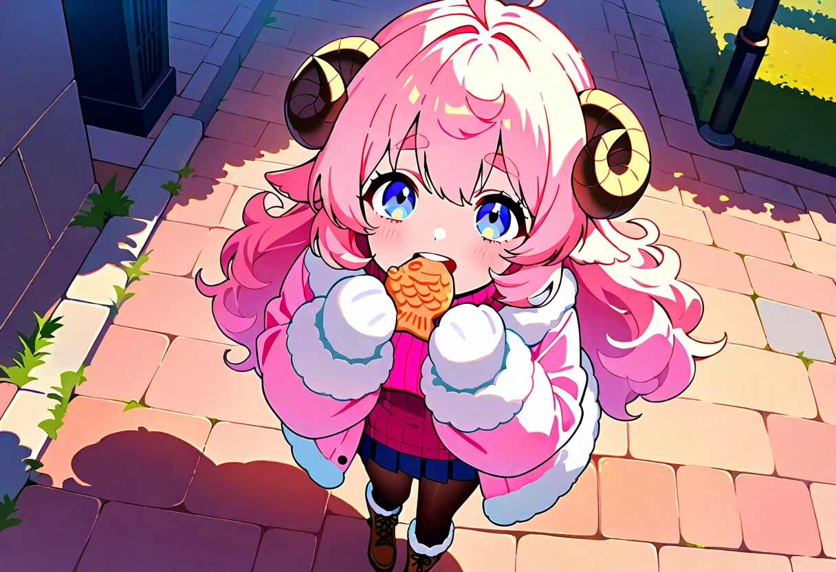 (UHD, best quality,  highres icon), 1girl,  long pink fluffy hair \ Fluffy Long Hair, Sheep&#39;s round horns, Thick eyebrows, smile, I'm looking up at Fluffy Wool Coat , pink vertical stripe sweater,  black tights , Big gloves, Lace-up boots BREAK taiyaki, Eat Taiyaki, Ahhh open my mouth , Winter Town ,  walking around town 
