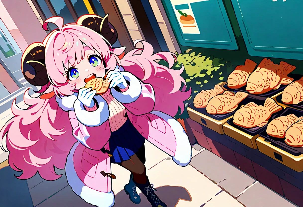 (UHD, best quality,  highres icon), 1girl,  long pink fluffy hair \ Fluffy Long Hair, Sheep&#39;s round horns, Thick eyebrows, smile, I'm looking up at Fluffy Wool Coat , pink vertical stripe sweater,  black tights , Big gloves, Lace-up boots BREAK taiyaki, Eat Taiyaki, Ahhh open my mouth , Winter Town ,  walking around town 
