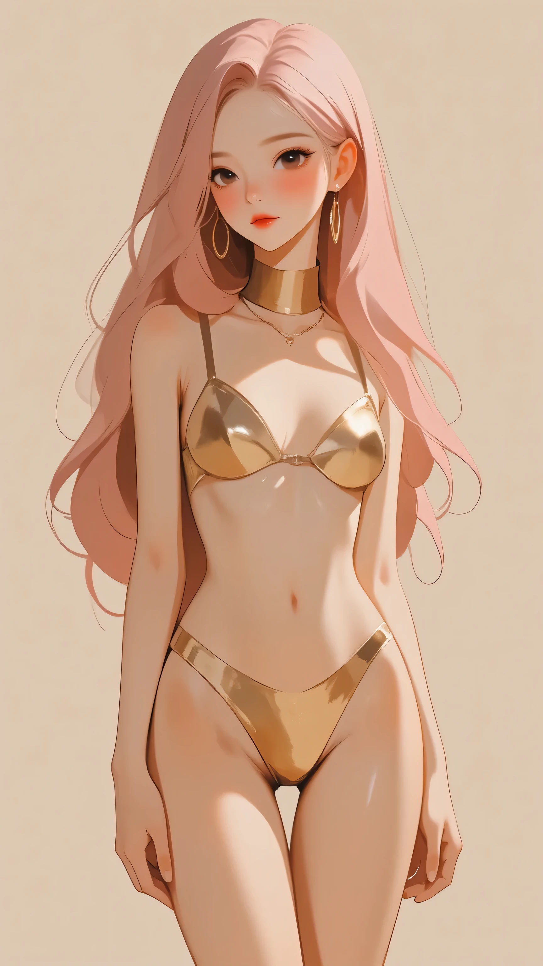 young asian girl, tall, slender, flat chest, femboy, pink hair, gold metallic micro bikini, gold eyes, gold jewelry, facing foward, straight on, 