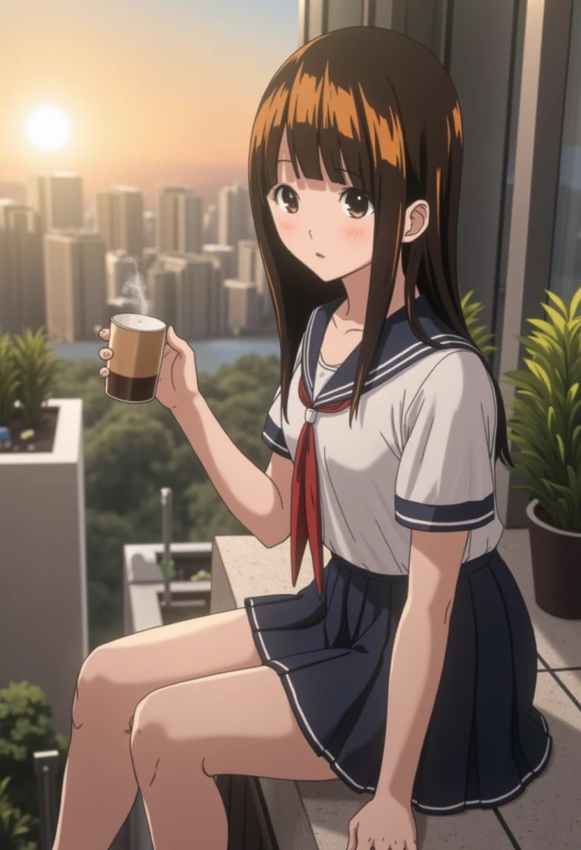 A young Asian woman with shoulder-length, auburn hair sits on the edge of a rooftop, her legs dangling over the side. She sports a sailor uniform with a collared blouse and a high-waisted miniskirt that showcases her zettai ryouiki. Her posture is relaxed, one hand holding a cup of coffee, the other resting on her thigh. The urban skyline stretches behind her, the sun setting in the distance, casting a warm glow over the scene. The photo captures her from the side, with a slight downward angle to emphasize her legs and the cityscape. A 'Vignette' filter is used to enhance the contrast and give her skin a delicate, porcelain finish.