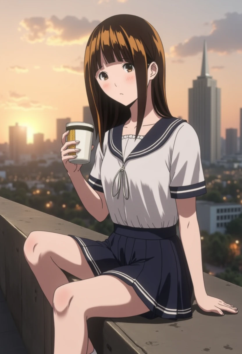 A young Asian woman with shoulder-length, auburn hair sits on the edge of a rooftop, her legs dangling over the side. She sports a sailor uniform with a collared blouse and a high-waisted miniskirt that showcases her zettai ryouiki. Her posture is relaxed, one hand holding a cup of coffee, the other resting on her thigh. The urban skyline stretches behind her, the sun setting in the distance, casting a warm glow over the scene. The photo captures her from the side, with a slight downward angle to emphasize her legs and the cityscape. A 'Vignette' filter is used to enhance the contrast and give her skin a delicate, porcelain finish.