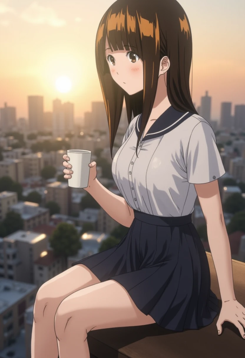 A young Asian woman with shoulder-length, auburn hair sits on the edge of a rooftop, her legs dangling over the side. She sports a sailor uniform with a collared blouse and a high-waisted miniskirt that showcases her zettai ryouiki. Her posture is relaxed, one hand holding a cup of coffee, the other resting on her thigh. The urban skyline stretches behind her, the sun setting in the distance, casting a warm glow over the scene. The photo captures her from the side, with a slight downward angle to emphasize her legs and the cityscape. A 'Vignette' filter is used to enhance the contrast and give her skin a delicate, porcelain finish.