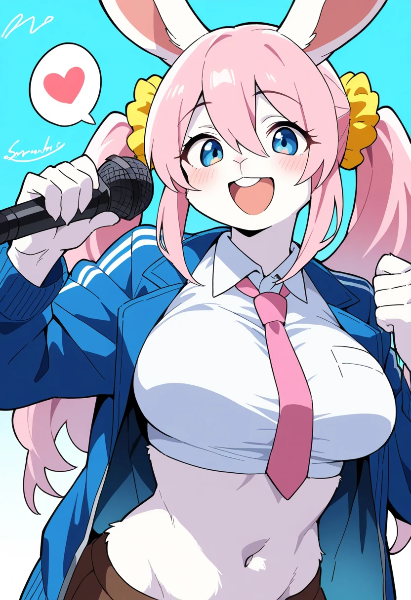 best quality, amazing quality, very aesthetic, absurdres, 1girl, (furry, kemono:1.3), rabbit, rabbit girl, rabbit ears, pink hair, twintails, blue eyes, navel, long hair, open mouth, scrunchie, hair between eyes, clenched hand, breasts, :d, necktie, jacket, shirt, hair ornament, hair scrunchie, collared shirt, crop top, school uniform, looking at viewer, microphone, solo, holding, midriff, open jacket, open clothes, signature, holding microphone, blue jacket, smile, white shirt, pink necktie, yellow scrunchie, speech bubble, teeth