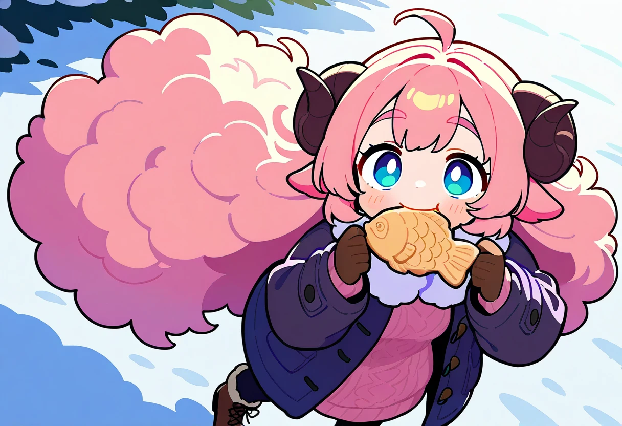 (UHD, best quality,  highres icon), 1girl,  long pink fluffy hair \ Fluffy Long Hair, Sheep&#39;s round horns, Thick eyebrows, smile, I'm looking up at Fluffy Wool Coat , pink vertical stripe sweater,  black tights , Big gloves, Lace-up boots BREAK taiyaki, Eat Taiyaki, Ahhh open my mouth , Winter Town ,  walking around town 
