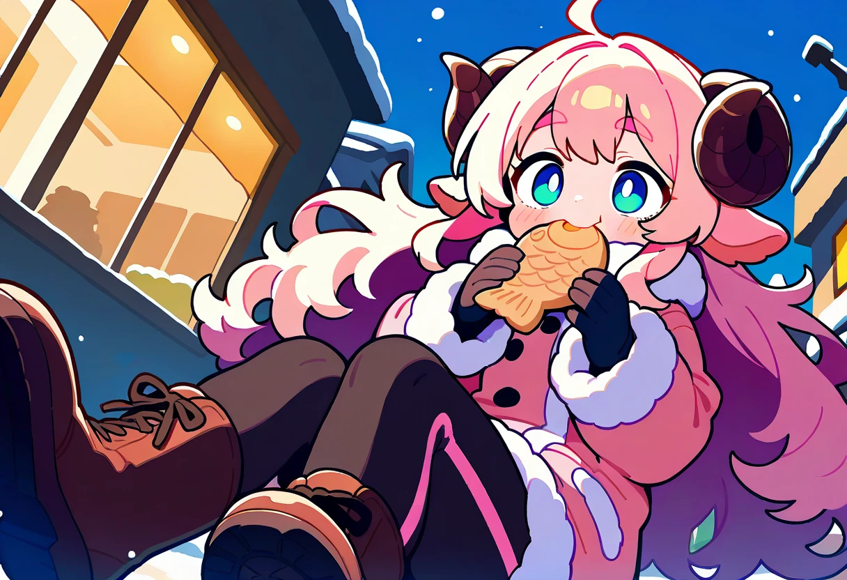 (UHD, best quality,  highres icon), 1girl,  long pink fluffy hair \ Fluffy Long Hair, Sheep&#39;s round horns, Thick eyebrows, smile, I'm looking up at Fluffy Wool Coat , pink vertical stripe sweater,  black tights , Big gloves, Lace-up boots BREAK taiyaki, Eat Taiyaki, Ahhh open my mouth , Winter Town ,  walking around town 
