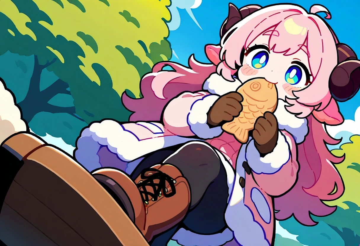 (UHD, best quality,  highres icon), 1girl,  long pink fluffy hair pulling a sled\ Fluffy Long Hair, Sheep&#39;s round horns, Thick eyebrows, smile, I'm looking up at Fluffy Wool Coat , pink vertical stripe sweater,  black tights , Big gloves, Lace-up boots BREAK taiyaki, Eat Taiyaki, Ahhh open my mouth , Winter Town ,  walking around town 