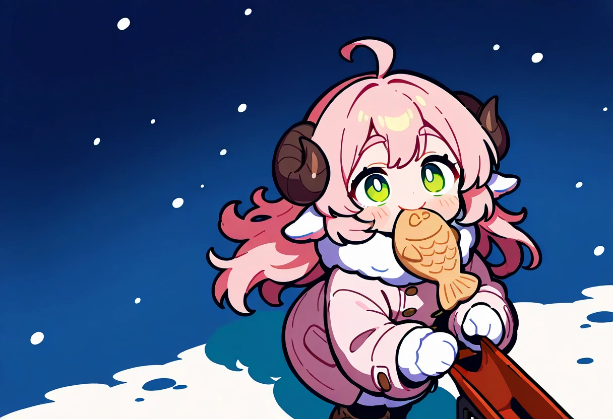 (UHD, best quality,  highres icon), 1girl,  long pink fluffy hair \ Fluffy Long Hair, Sheep&#39;s round horns, Thick eyebrows, smile, I'm looking up at Fluffy Wool Coat , pink vertical stripe sweater,  black tights , Big gloves, Lace-up boots BREAK taiyaki, Eat Taiyaki, Ahhh open my mouth , Winter Town ,  walking around town 
