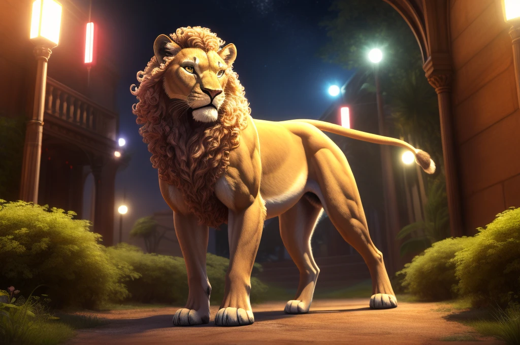 （lioness），feral, quadruped, (muscular feral), Strong limbs，Walked，（stereoscopic perspective：1.4），Works of masters，Thick hair on the body, curlies, ultra - detailed，4K resolution，high high quality， movie lights，High picture detail，Clear hair、concentrating，Detailed hair depiction，