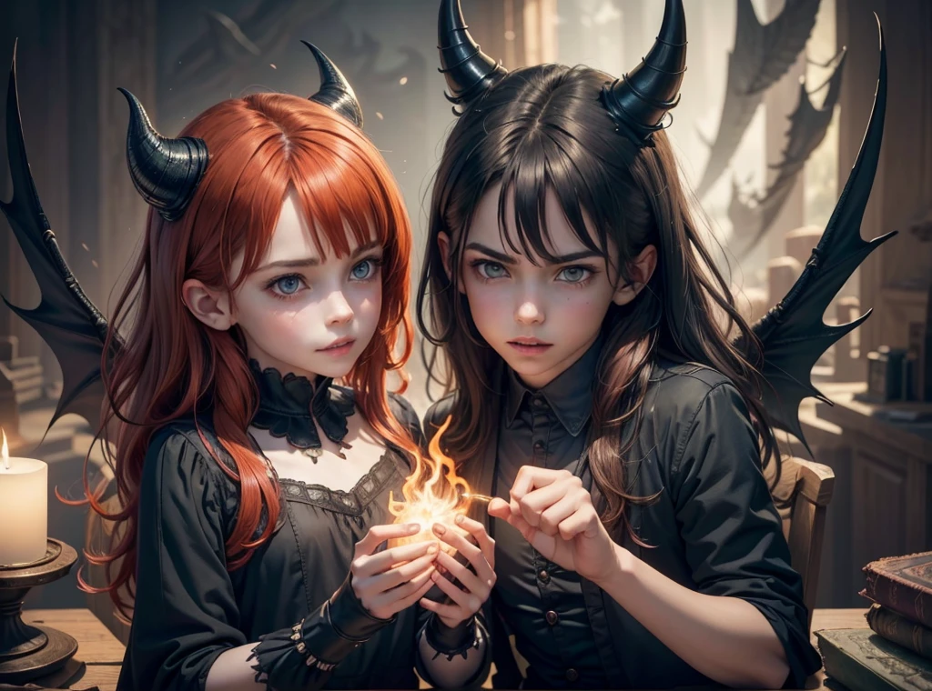 (best quality,4k,8k,highres,masterpiece:1.2),ultra-detailed,(realistic,photorealistic,photo-realistic:1.37),devil boy and girl holding hands,beautiful detailed eyes,beautiful detailed lips,demonic atmosphere,playful and mischievous expressions,dark and mysterious background,nighttime setting,gloomy lighting,sharp focus,dynamic poses,whimsical and colorful illustrations,creative shading techniques,fantasy art style,vivid colors,contrast between light and shadow,supernatural powers,enchanted forest,outfits in dark tones,cute and mischievous facial features,cartoonish yet detailed renderings,flaming red hair for the boy,long flowing hair for the girl,detailed and intricate accessories on their outfits,magical sparks and glowing effects around their hands,subtle hints of mischief in their expressions,joyful and mischievous atmosphere,amazing attention to detail,little devil horns on their heads,curved tails wrapped around their hands,demonic wings,evil grins,glowing yellow eyes,dark and mysterious aura,whimsical and dreamlike atmosphere,fantastical elements,enchanted forest as the backdrop,playful interaction between the boy and girl,expressive emotions,imagination at its best,captivating and dynamic artwork,a celebration of the supernatural,unleashing their magical powers,creating a sense of wonder and adventure with every stroke,artistic interpretation of an otherworldly bond between a devil boy and girl
Negative Prompts