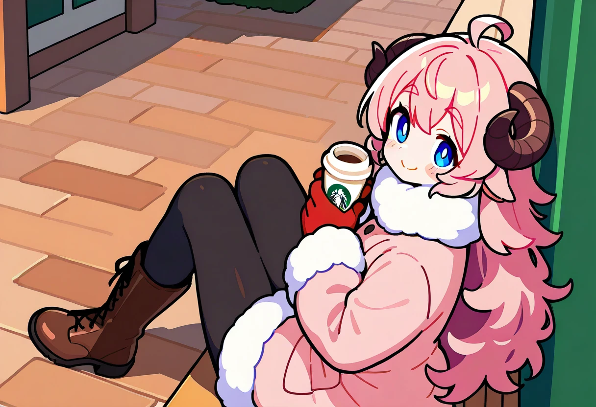 (UHD, best quality,  highres icon), 1girl,  long pink fluffy hair \ Fluffy Long Hair, Sheep&#39;s round horns, Thick eyebrows, smile, I'm looking up at Fluffy Wool Coat , pink vertical stripe sweater,  black tights , Big gloves, Lace-up boots BREAK Starbucks, coffee, coffeeを飲んでいる, Bitter face, Winter Town ,  walking around town 