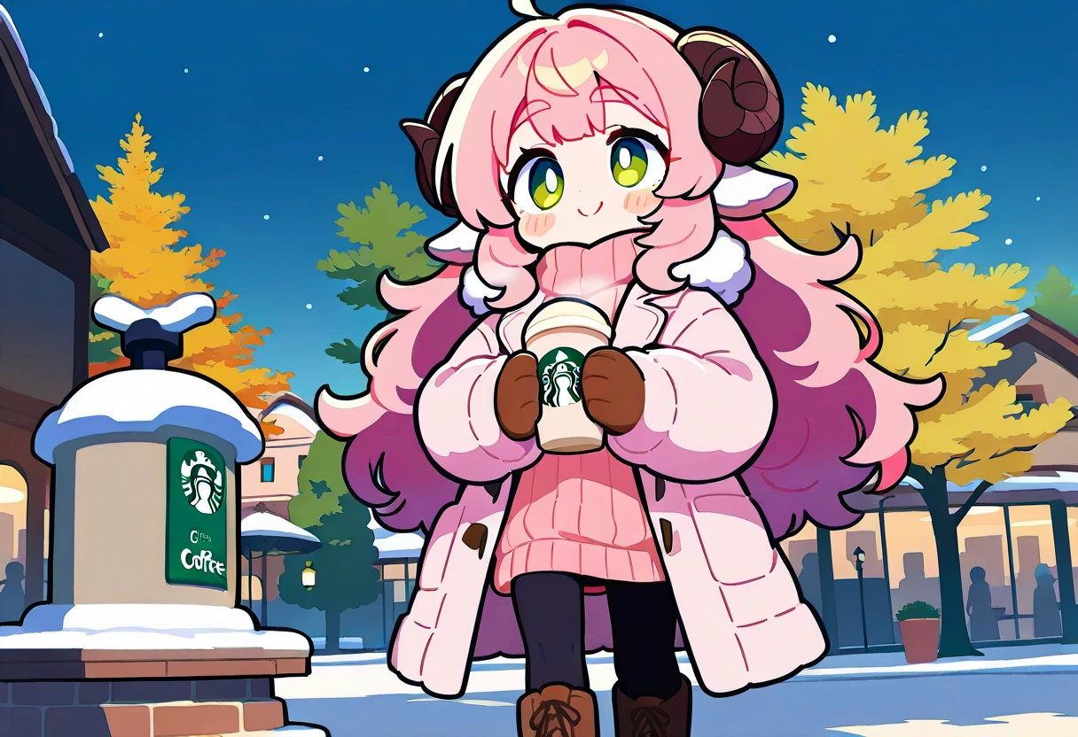 (UHD, best quality,  highres icon), 1girl,  long pink fluffy hair \ Fluffy Long Hair, Sheep&#39;s round horns, Thick eyebrows, smile, I'm looking up at Fluffy Wool Coat , pink vertical stripe sweater,  black tights , Big gloves, Lace-up boots BREAK Starbucks, coffee, coffeeを飲んでいる, Bitter face, Winter Town ,  walking around town 