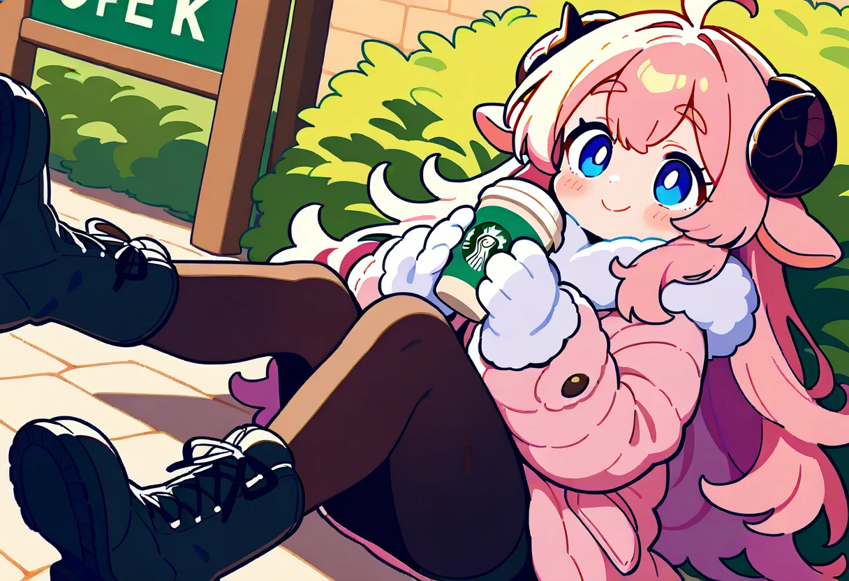 (UHD, best quality,  highres icon), 1girl,  long pink fluffy hair \ Fluffy Long Hair, Sheep&#39;s round horns, Thick eyebrows, smile, I'm looking up at Fluffy Wool Coat , pink vertical stripe sweater,  black tights , Big gloves, Lace-up boots BREAK Starbucks, coffee, coffeeを飲んでいる, Bitter face, Winter Town ,  walking around town 