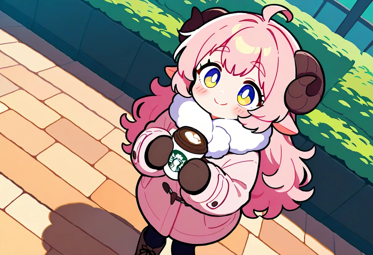 (UHD, best quality,  highres icon), 1girl,  long pink fluffy hair \ Fluffy Long Hair, Sheep&#39;s round horns, Thick eyebrows, smile, I'm looking up at Fluffy Wool Coat , pink vertical stripe sweater,  black tights , Big gloves, Lace-up boots BREAK Starbucks, coffee, coffeeを飲んでいる, Bitter face, Winter Town ,  walking around town 