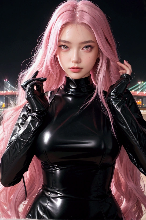 (RAW photo, best quality, masterpiece:1.2), (realistic, photo-realistic:1.4),(masterpiece:1.4),(best quality:1.4),1girl, solo, :d, animal ear headphones, animal ears, arms up, bangs, blush, bodysuit, breasts, bunny pose, clothes writing, covered navel, cowboy shot, cropped jacket, fake animal ears, gloves, outdoor,morning,snow, hair intakes, headphones, impossible bodysuit, impossible clothes, jacket, large breasts, latex, latex bodysuit, long hair, long sleeves, looking at viewer, large breasts, multicolored gloves, open mouth, pink bodysuit, pink eyes, red eyes, red jacket, shiny clothes, shrug \(clothing\), sidelocks, skin tight, smile, thigh gap, thighs, twintails, very long hair, white gloves, white hair,alice \(nikke\),(shiny skin),realistic,