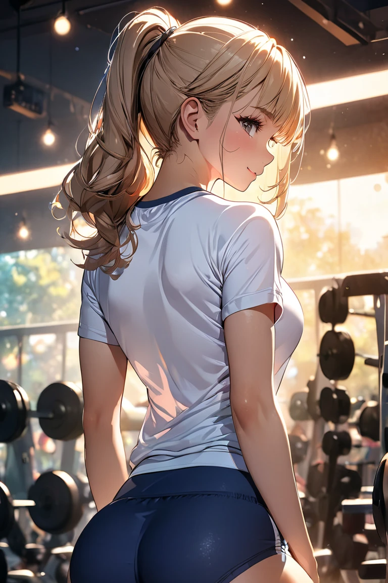  1 girl , Butt:1.2, Rear view,  sportswear, white round neck shirt , workout underwear, Training gym environment, anime:1.2,  intricate detail ,  cinematic lighting ,  bright colors, Soft bokeh background ,  Digital Art ,  concept art style , masterpiece:1.4.