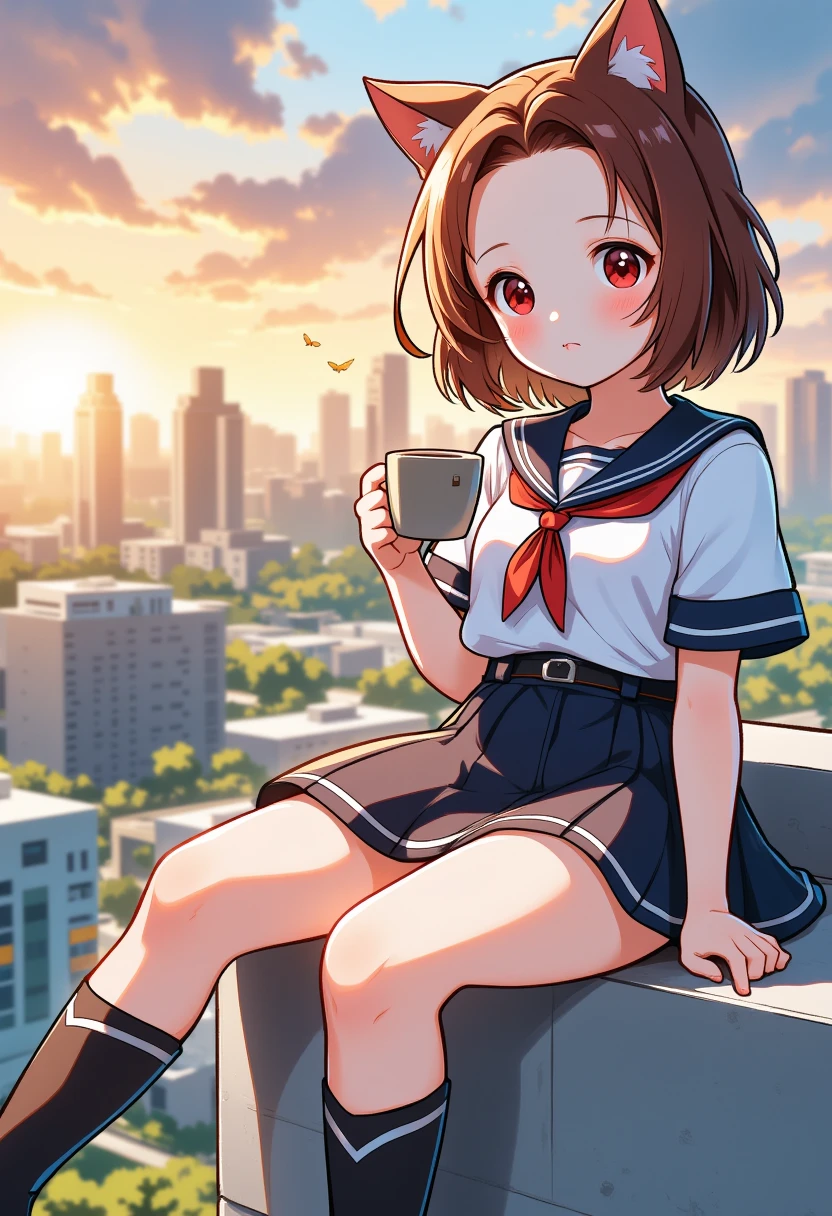 A young Asian woman with shoulder-length, auburn hair sits on the edge of a rooftop, her legs dangling over the side. She sports a sailor uniform with a collared blouse and a high-waisted miniskirt that showcases her zettai ryouiki. Her posture is relaxed, one hand holding a cup of coffee, the other resting on her thigh. The urban skyline stretches behind her, the sun setting in the distance, casting a warm glow over the scene. The photo captures her from the side, with a slight downward angle to emphasize her legs and the cityscape. A 'Vignette' filter is used to enhance the contrast and give her skin a delicate, porcelain finish.