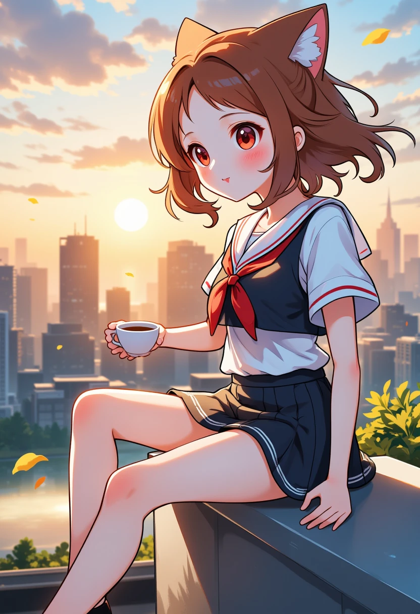 A young Asian woman with shoulder-length, auburn hair sits on the edge of a rooftop, her legs dangling over the side. She sports a sailor uniform with a collared blouse and a high-waisted miniskirt that showcases her zettai ryouiki. Her posture is relaxed, one hand holding a cup of coffee, the other resting on her thigh. The urban skyline stretches behind her, the sun setting in the distance, casting a warm glow over the scene. The photo captures her from the side, with a slight downward angle to emphasize her legs and the cityscape. A 'Vignette' filter is used to enhance the contrast and give her skin a delicate, porcelain finish.