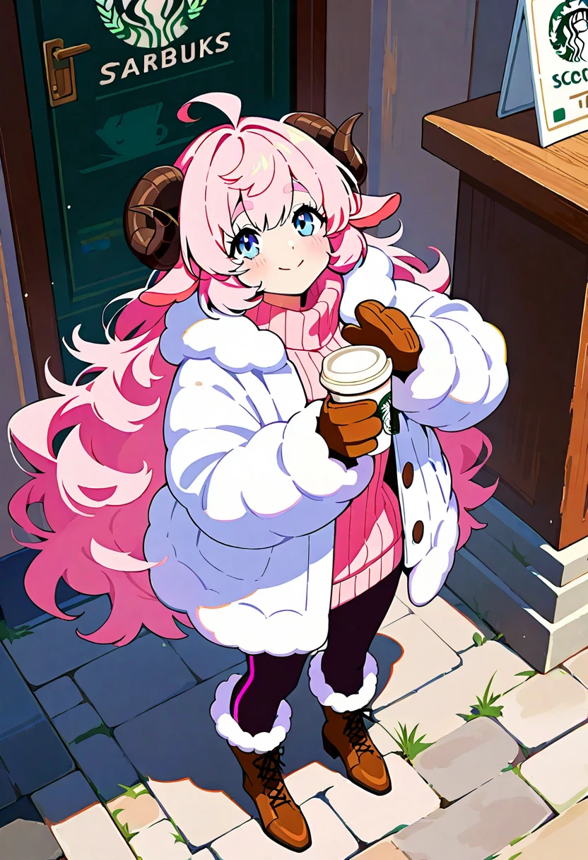 (UHD, best quality,  highres icon), 1girl,  long pink fluffy hair \ Fluffy Long Hair, Sheep&#39;s round horns, Thick eyebrows, smile, I'm looking up at Fluffy Wool Coat , pink vertical stripe sweater,  black tights , Big gloves, Lace-up boots BREAK Starbucks, coffee, coffeeを飲んでいる, Bitter face, Winter Town ,  walking around town 