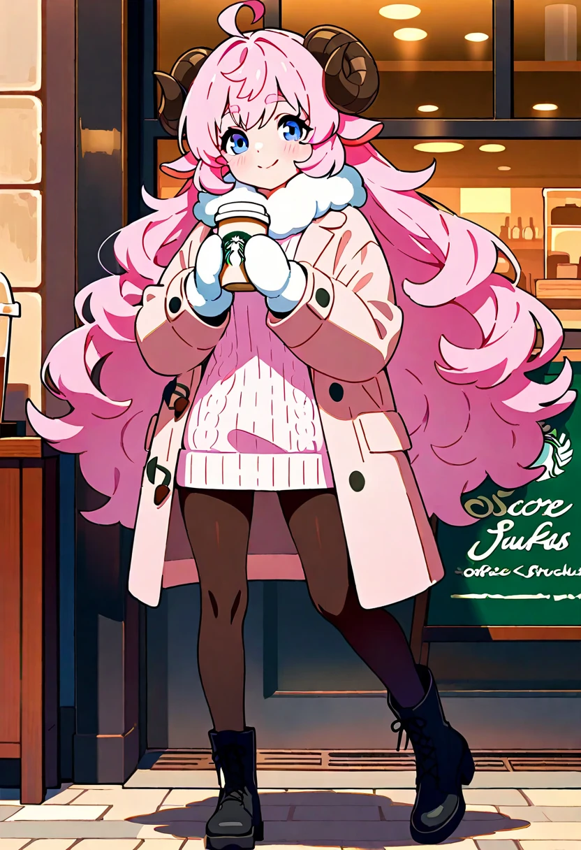 (UHD, best quality,  highres icon), 1girl,  long pink fluffy hair \ Fluffy Long Hair, Sheep&#39;s round horns, Thick eyebrows, smile, I'm looking up at Fluffy Wool Coat , pink vertical stripe sweater,  black tights , Big gloves, Lace-up boots BREAK Starbucks, coffee, coffeeを飲んでいる, Bitter face, Winter Town ,  walking around town 